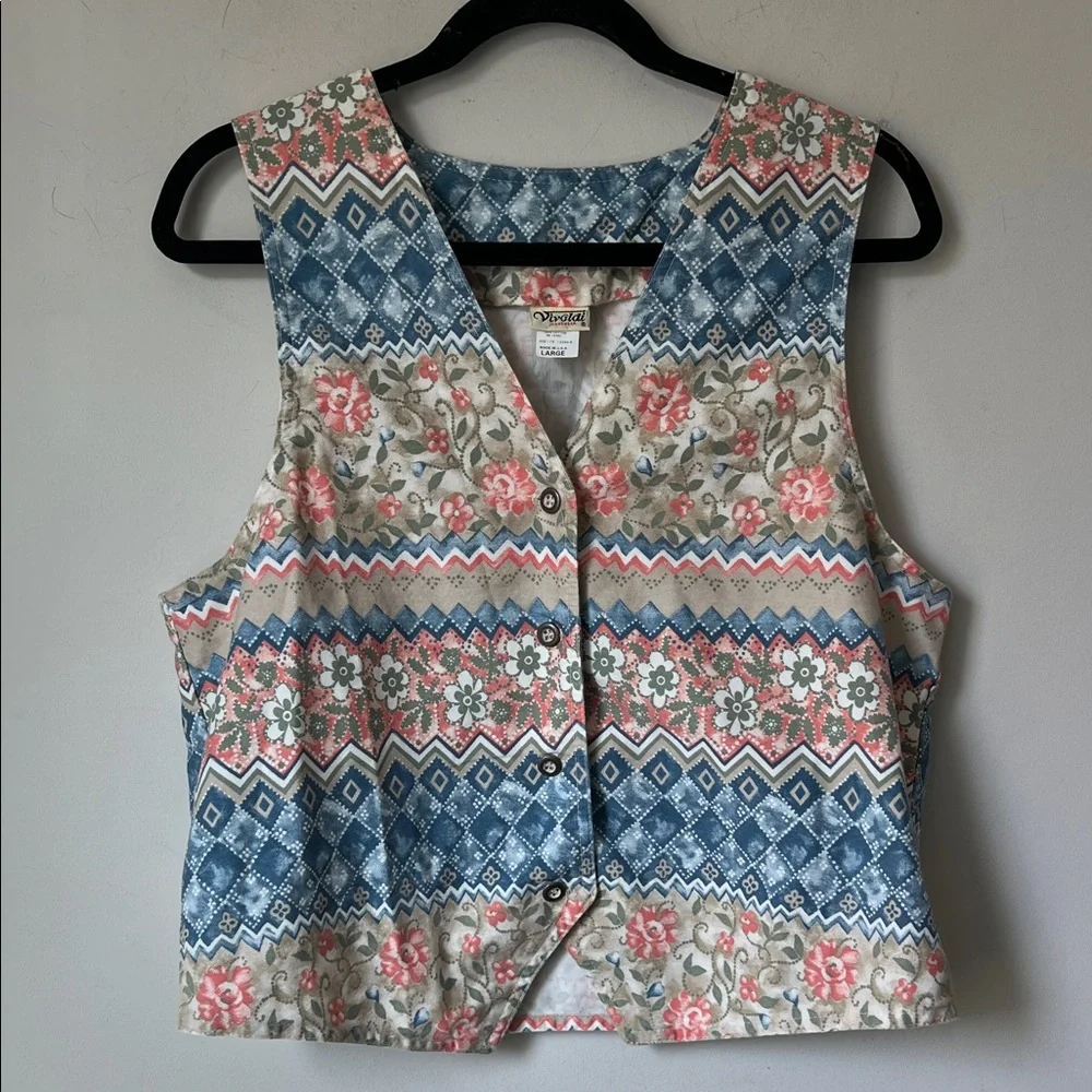 Vintage Vivaldi Jeanswear Cottagecore Floral Patchwork Vest Large Boho Prairie♠️